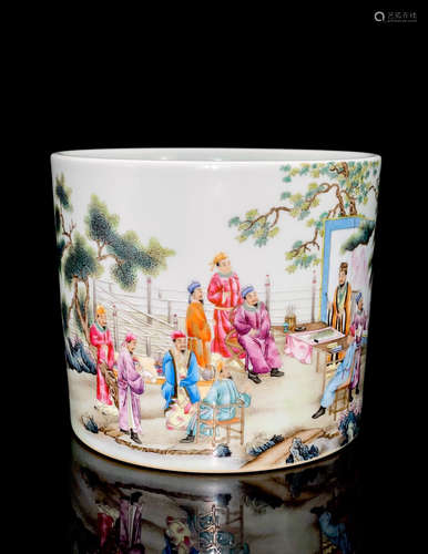 A Chinese Famille Rose Figural Porcelain Brush Pot