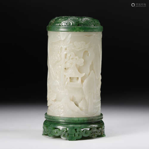A Chinese White And Spinach Jade Incense Container