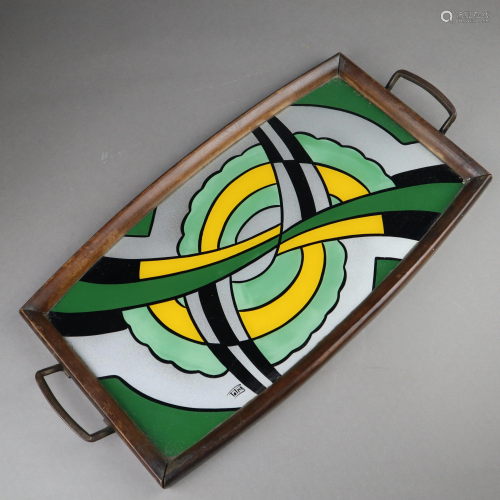 Tablett - Art Déco, Holz, polychromer geometrischer