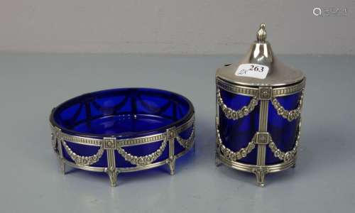 DECKELDOSE / COMPOTTIÈRE und SCHALE, Silber (830er und 925er Silber) und kobaltblaues Glas.