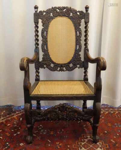 ARMLEHSTUHL DES HISTORISMUS mit Wiener Geflecht / armchair, um 1880. Nussbaum, gedrechselt und