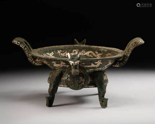 A Chinese Bronze Archaistic Censer With Silver Inl