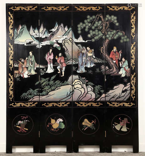 SET OF WOOD SCREEN PAINTED WITH FIGURE PATTERN