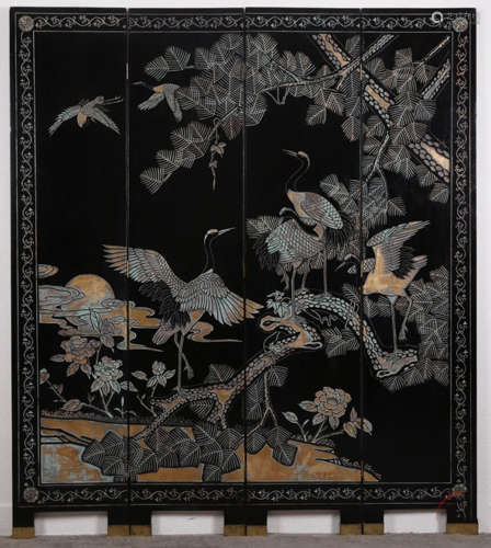 SET OF WOOD SCREEN PAINTED WITH CRANE PATTERN