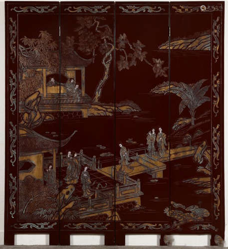SET OF WOOD SCREEN PAINTED WITH STORY PATTERN