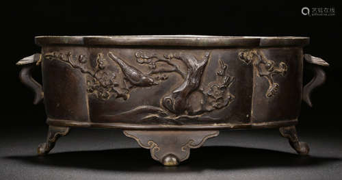 A COPPER CENSER CARVED WITH FLOWER&BIRD PATTERN