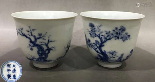 PAIR OF BLUE&WHITE GLAZE CUP PAINTED WITH TREES PATTERN