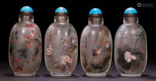 SET OF AN OLD GLASS SNUFF BOTTLE WITH FLOWER&BIRD PATTERN