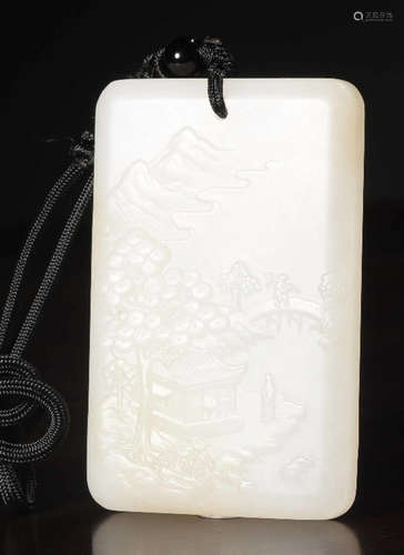 A HETIAN JADE TABLET CARVED WITH LANDSCAPE