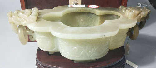 A HETIAN GREEN JADE BRUSH WASHER WITH BEAST EARS