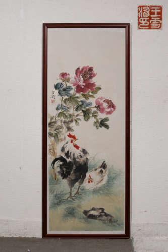 A FLOWER&ROOSTER PATTERN VERTICAL AXIS PAINTING