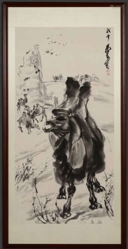 A CAMEL PATTERN PAINTING WITH FRAME