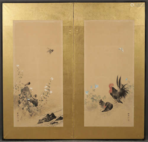 PAIR OF FLOWER&BIRD PATTERN PAINTING WITH FRAME