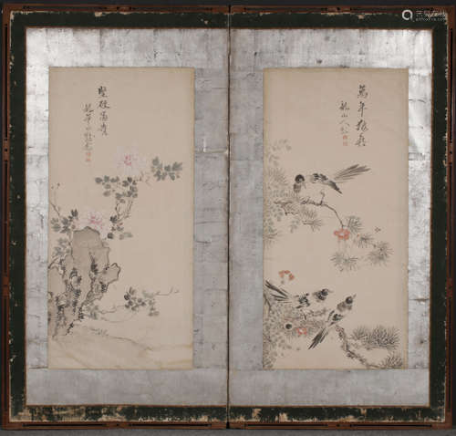 A FLOWER&BIRD PATTERN PAINTING WITH FRAME