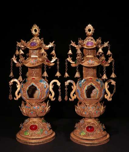 A PAIR OF CHINESE VINTAGE GILT SILVER BUDDHIST ALTARS