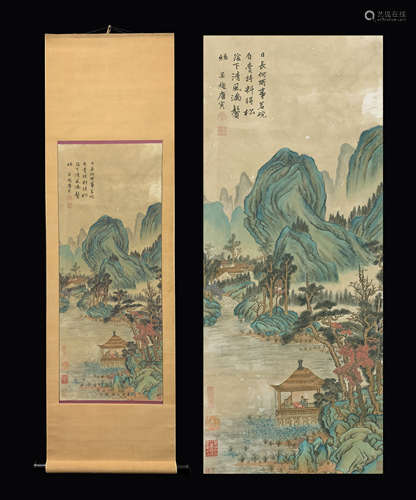 A CHINESE HAND PAINTED LANDSCAPE PAINTING VERTICAL SCROLL