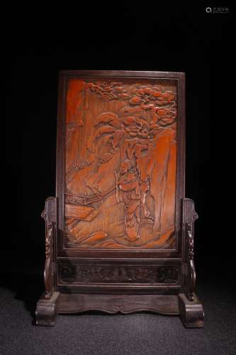 A Chinese Rosewood Screen With Bamboo Embeded