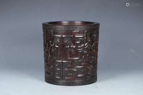 A Chinese Rosewood Brush Pot With Dragon Pattern