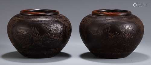 Pair Of Chinese Gourd Jars With Floral Carving