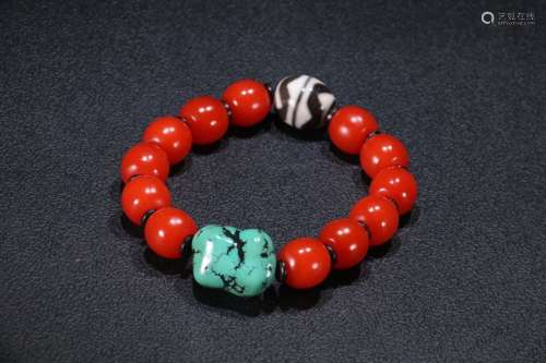 A Chinese Red Agate Bracelet With Dzi And Turquoise Stone