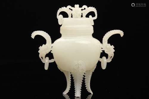 A Chinese White Jade Tripod Censer