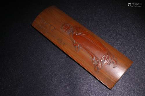 A Chinese Bamboo Paperweight Of Bodhidharma Carving