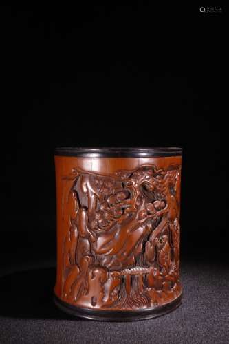 A Chinese Bamboo Brush Pot Of Story-Telling Carving
