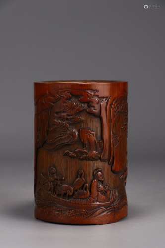 A Chinese Bamboo Brush Pot Of Figure Carving