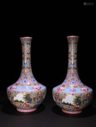 Pair Of Chinese Famille Rose Porcelain Vases With Painting