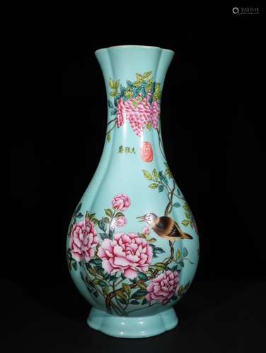 A Chinese Turquoise-Color Glazed Famille Rose Vase