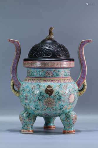 A Chinese Famille Rose Tripod Censer With Green Body