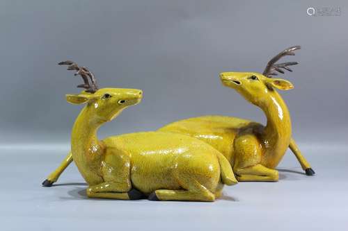 Pair Of Chinese Yellow Glazed Deer-Shpaed Ornaments