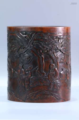 A Chinese Bamboo Brush Pot With Story-Telling Carving