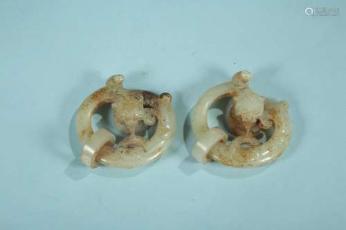Pair Of Chinese Hetian Jade Pendants With Dragon Carving