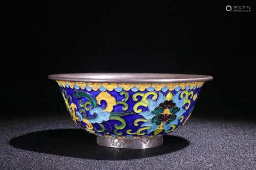A Chinese Silver Enameling Blue Bowl Of Dragon And Phoenix