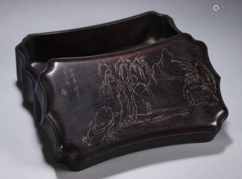 A Chinese Rosewood Box Of Landscape Carving