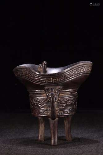 A Chinese Rosewood Tripod Vessel Of Dragon Carving