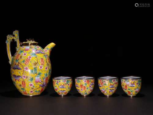 Set Of Chinese Copper Famille Rose Cups And Pot