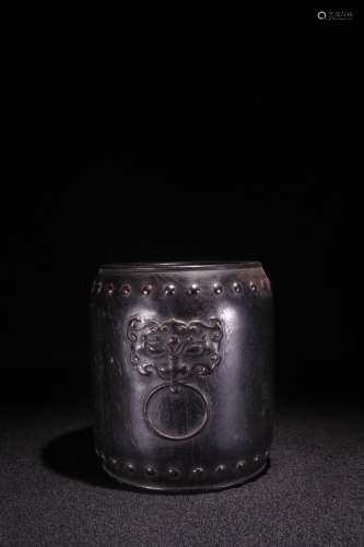 A Chinese Rosewood Brush Pot With Beast Carving