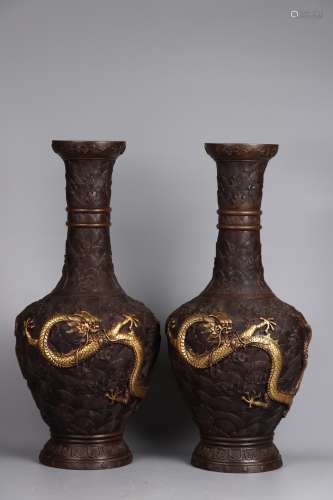 Pair Of Chinese Gilt Bronze Vases Of Dragon Pattern