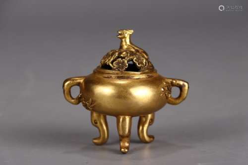 A Chinese Gilt Bronze Tripod Censer With Deer-Shaped Cover