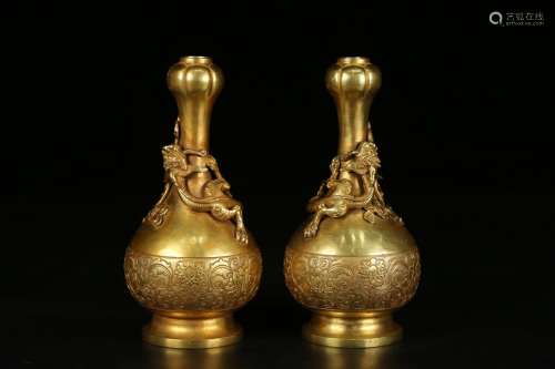 Pair Of Chinese Gilt Bronze Vases With Dragon Carving