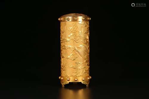 A Chinese Gilt Bronze Box Of Dragon-Carving