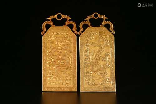 Pair Of Chinese Gilt Bronze Pendants With Dragon And Phoenix Carving