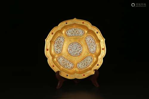 A Chinese Gilt Bronze Plate Embeded Jade