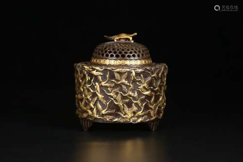 A Chinese Gilt Bronze Censer Of Cranes Surround