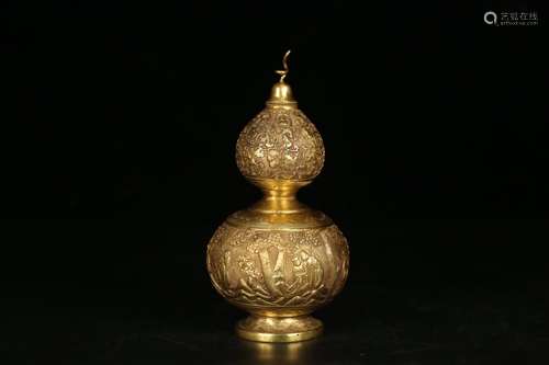 A Chinese Gilt Bronze Gourd Vase With Floral Carving