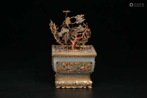 A Chinese Gilt Bronze Bonsai With Mark And Jades