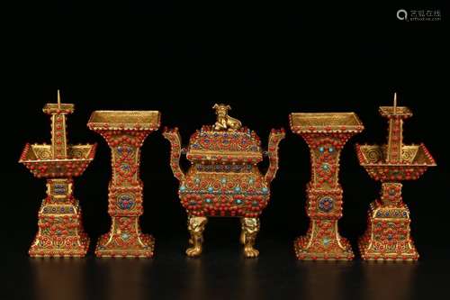 Set Of Chinese Gilt Bronze Buddhist Offerings Embeded Gems