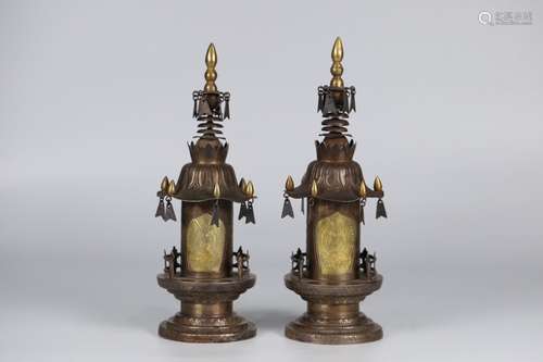 Pair Of Chinese Gilt Silver Pagodas With Poetry Carving